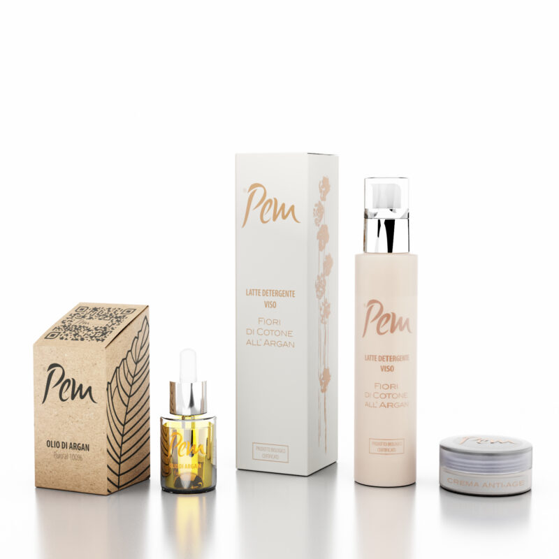 Trattamento Essential Skincare con olio di argan puro 100% latte detergente viso all'argan e crema antiage Q10 e acido ialuronico