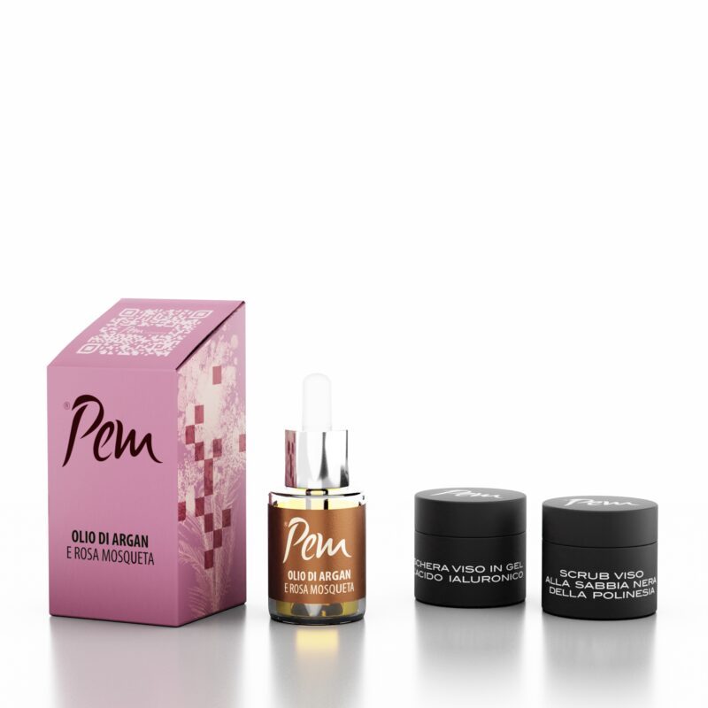 Trattamento Pelle Spenta con olio di argan e di rosa mosquesta maschera viso all'acido ialuronico e scrub viso alla sabbia nera della Polinesia